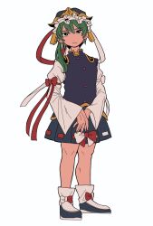  1girl black_shoes black_skirt blue_hat blue_vest bow commentary_request epaulettes frilled_hat frills full_body green_hair hat highres long_sleeves looking_at_viewer orange555_555 red_bow ribbon-trimmed_skirt ribbon_trim shiki_eiki shirt shoes simple_background skirt sleeve_bow solo touhou vest white_background white_bow white_shirt wide_sleeves 
