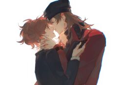  1boy 1girl aragaki_shinjirou arm_up beanie black_jacket blunt_bangs brown_eyes brown_hair coat collared_coat commentary face-to-face from_side hair_bun hand_on_another's_cheek hand_on_another's_face hat hetero imminent_kiss jacket jitome leaning_on_person long_sleeves looking_at_another looking_down looking_up maki_(xhs) medium_hair open_mouth parted_lips persona persona_3 persona_3_portable profile red_coat shiomi_kotone short_hair simple_background upper_body white_background 