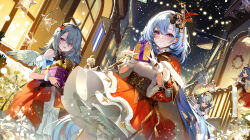  6+girls absurdres akizero1510 bare_shoulders blue_eyes box breasts building capelet chinese_commentary christmas_wreath closed_mouth clothing_cutout commentary_request door fur-trimmed_capelet fur-trimmed_skirt fur-trimmed_sleeves fur_trim gift gift_box gloves grey_hair grey_wings griseo griseo_(cosmic_expression) hair_between_eyes highres holding holding_gift homu_(honkai_impact) honkai_(series) honkai_impact_3rd long_hair long_sleeves medium_breasts multiple_girls night open_mouth outdoors puffy_short_sleeves puffy_sleeves railing red_capelet red_eyes red_skirt second-party_source shirt short_sleeves shoulder_cutout skirt sky smile snow snowing snowman violet_eyes vita_(honkai_impact) vita_(young)_(honkai_impact) white_gloves white_shirt wide_sleeves window wings wreath 