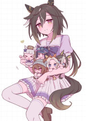  >_< 6+girls ahoge animal_ears beanie black_hair blue_eyes blunt_bangs blush bow bowtie brown_eyes brown_hair brown_hat closed_eyes closed_mouth colored_bangs commentary_request dice dice_necklace dream_journey_(umamusume) ear_covers ear_ribbon ears_through_headwear fenomeno_(umamusume) flipped_hair glasses gold_ship_(umamusume) grey_hair grey_hat hair_between_eyes hat heart highres holding horse_ears horse_girl horse_tail jewelry long_hair looking_at_viewer multicolored_hair multiple_girls nakayama_festa_(umamusume) necklace open_mouth orange_hair orfevre_(umamusume) peaked_cap pillbox_hat pleated_skirt puffy_short_sleeves puffy_sleeves purple_bow purple_bowtie purple_hair purple_shirt rsusk189 sailor_collar sailor_shirt school_uniform shirt short_sleeves single_ear_cover skirt smile stay_gold_(umamusume) stay_gold_clan_(umamusume) streaked_hair summer_uniform tail thigh-highs tracen_school_uniform two-tone_hair umamusume violet_eyes white_hair white_sailor_collar white_skirt white_thighhighs 