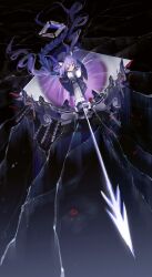  1girl arknights arknights:_endfield arrow_(projectile) black_dress bow_(weapon) breasts closed_mouth commentary crack curved_horns dark_background dress firing frilled_dress frills hair_ornament halo highres holding holding_bow_(weapon) holding_weapon huge_weapon large_breasts long_hair pink_eyes purple_hair purple_tail red_eyes sanyue_xun solo triangle_hair_ornament twintails two-tone_dress typhoeus_(arknights) typhon_(arknights) very_long_hair weapon white_dress white_halo 