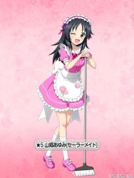  1girl apron bare_arms black_hair blue_eyes blush bow bowtie character_name collarbone commentary_request dress floral_print_apron flower frilled_apron frilled_dress frills full_body girls_und_panzer girls_und_panzer_senshadou_daisakusen! gradient_background hand_rest large_bow legs loafers long_hair looking_at_viewer maid_apron maid_headdress mop official_art one_eye_closed open_mouth pink_background pink_bow pink_bowtie pink_dress pink_flower pink_ribbon pink_rose pink_shoes plaid_bow plaid_bowtie plaid_clothes puffy_short_sleeves puffy_sleeves ribbon rose sailor_collar second-party_source shoes short_dress short_sleeves smile socks standing thighs translated white_apron white_bow white_sailor_collar white_socks yamagou_ayumi 