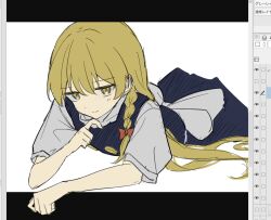  1girl art_program_in_frame back_bow black_skirt black_vest blonde_hair bow braid closed_mouth commentary_request hair_bow highres kirisame_marisa letterboxed long_hair looking_at_viewer missing_headwear puffy_short_sleeves puffy_sleeves sei_(sei_ha1) short_sleeves side_braid single_braid skirt smile solo touhou vest white_bow yellow_eyes 