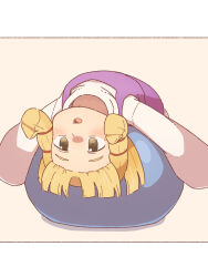  1girl :o ball blonde_hair blush commentary_request exercise_ball hair_ribbon hakugomaabura_(kourin1219) highres long_sleeves looking_afar lying lying_on_ball lying_upside-down missing_headwear moriya_suwako on_back on_ball open_mouth purple_vest ribbon shirt short_hair sidelocks solo touhou upside-down vest wide_sleeves yellow_eyes 