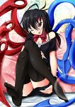  1girl ;p black_hair black_legwear campbell_(pixiv) houjuu_nue red_eyes sitting solo thigh-highs thighs tongue touhou wings wink 
