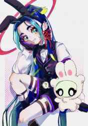  1boy ? absurdres alternate_costume animal_costume animal_ears aqua_eyes black_bow black_bowtie black_gloves black_shorts black_socks black_vest blue_hair bow bowtie collared_shirt commentary_request con_(fate) earrings eyeshadow fake_animal_ears fate/grand_order fate_(series) feet_out_of_frame gloves green_eyes green_hair hairband halo head_rest highres jewelry leg_tattoo long_hair long_sleeves looking_at_viewer makeup male_focus nao_oppaisukiii ponytail rabbit_costume rabbit_ears red_eyeshadow shirt shorts simple_background sitting socks speech_bubble spoken_question_mark taisui_xingjun_(fate) tattoo thigh_strap very_long_hair vest white_background white_shirt 