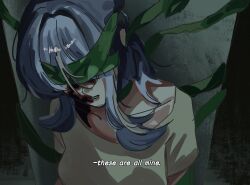  1girl alien_stage blue_eyes bound commentary covered_eyes crow_nii english_text genshin_impact highres long_hair odette_(genshin_impact) scene_reference shirt smile solo subtitled zombie_stage 