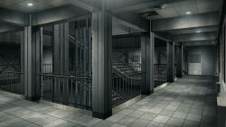  ceiling ceiling_light door game_asset hallway hentai_prison highres indoors industrial_pipe mikago_kotaro no_humans non-web_source official_art railing scenery self-datamine stairs tile_ceiling tile_floor tiles variant_set visual_novel_cg 
