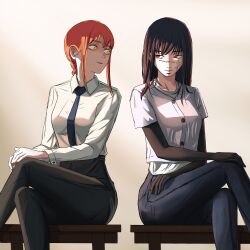  2girls absurdres black_hair black_necktie black_pants blue_pants braid braided_ponytail breasts buttons chainsaw_man collared_shirt cross_scar crossed_legs elbow_gloves gloves hand_on_own_leg highres long_hair long_shirt long_sidelocks long_sleeves looking_at_another makima_(chainsaw_man) medium_breasts multiple_girls necktie pants raimundo_senpai red_eyes red_hair ringed_eyes scar scar_on_cheek scar_on_face scar_on_nose shirt shirt_tucked_in shirt_under_shirt siblings sidelocks sisters sitting sitting_on_object t-shirt white_shirt yellow_eyes yoru_(chainsaw_man) 