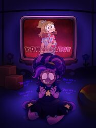  2girls black_leg_warmers black_overalls braid breasts commentary english_commentary english_text gracie_green highres indoors klexny leg_warmers lily_lovebraids long_hair multiple_braids multiple_girls no_eyebrows overall_skirt overalls ponytail poppy_playtime purple_hair purple_shirt shirt short_hair smile teeth very_long_hair 