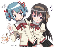 2girls akemi_homura black_hair blue_eyes blue_hair blush borrowed_hairstyle bow bowtie brown_hairband commentary eighth_note hairband highres juliet_sleeves kaname_madoka long_sleeves mahou_shoujo_madoka_magica mahou_shoujo_madoka_magica:_walpurgis_no_kaiten miki_sayaka mitakihara_school_uniform multiple_girls musical_note puffy_sleeves purple_eyes red_bow red_bowtie school_uniform signature simple_background squiggle translation_request twintails usagi_satsuki white_background