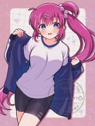  1girl black_shorts blue_eyes blush border breasts commentary_request cowboy_shot drop_shadow dutch_angle floating_hair gym_shorts gym_uniform hair_between_eyes hair_bobbles hair_ornament hairclip hands_up highres jacket large_breasts little_busters! long_hair looking_at_viewer one_side_up open_clothes open_jacket open_mouth opening_own_clothes outside_border parallel_hairclips pink_border pink_hair piyo_(kinkooo333) saigusa_haruka shirt short_sleeves shorts side_ponytail sidelocks simple_background sleeves_past_wrists solo sparkle tareme track_jacket very_long_hair white_background white_shirt 