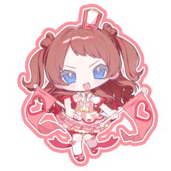  1girl :d ben-day_dots blue_eyes blush bow bow_legwear bowtie brooch brown_hair chibi chibi_only commentary_request dot_nose flag full_body gakuen_idolmaster gem hair_rings hanami_saki hat hat_bow head_tilt highres holding holding_flag idolmaster jewelry kneehighs layered_skirt long_hair looking_at_viewer mini_hat mini_shako_cap multicolored_shirt multicolored_skirt open_mouth outline parted_bangs pink_bow pink_bowtie pink_hat pink_outline pink_skirt red_bow red_gem red_ribbon red_shoes ribbon screentones shako_cap shirt shoes short_sleeves simple_background skirt smile socks solo standing standing_on_one_leg thigh_bow thigh_strap tilted_headwear two_side_up v-shaped_eyebrows white_background white_bow white_bowtie white_shirt white_skirt white_socks yuusuke_(yyy_xp) 