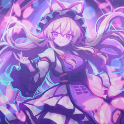  1girl blonde_hair bow commentary_request dress frilled_dress frilled_sleeves frills grin hair_between_eyes hair_bow hat hat_ribbon highres long_hair long_sleeves looking_at_viewer madeno mob_cap purple_tabard red_bow red_ribbon ribbon smile solo tabard touhou very_long_hair violet_eyes white_dress white_hat wide_sleeves yakumo_yukari 