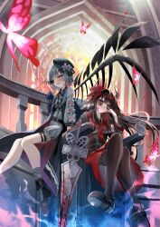  2girls absurdres belt beret black_capelet black_choker black_coat black_hair black_hat black_horns black_pantyhose black_shirt black_shoes black_skirt bug butterfly capelet center_frills ceremonial_sword_(manosaba) choker coat collared_coat collared_shirt crown extra_eyes extra_horns flower flower-trimmed_shorts flower-trimmed_sleeves frilled_socks frills gradient_hair hair_flower hair_ornament hat hat_flower hat_ribbon highres horns layered_skirt long_hair long_skirt long_sleeves mahou_shoujo_no_majo_saiban mini_crown multicolored_hair multiple_girls neck_ribbon necktie nikaido_hiro o-ring o-ring_thigh_strap overskirt pants pantyhose pink_eyes pink_hair plaid_clothes plaid_necktie planted planted_sword pleated_skirt red_butterfly red_eyes red_flower red_skirt rerererere3939 ribbon sakuraba_ema shirt shoes short_hair shorts sitting skeleton skirt sleeveless sleeveless_coat smile socks spoilers stained_glass sword thigh_strap weapon white_flower white_hair white_pants white_ribbon white_shirt white_shorts white_sleeves white_socks witch_(manosaba) x_hair_ornament yuri 