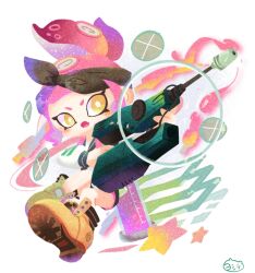  1girl brown_shoes commentary_request fang gun headband holding holding_gun holding_weapon ink_tank_(splatoon) long_sleeves octoling octoling_girl octoling_player_character open_mouth ponytail red_headband sailor_collar shirt shoes simple_background solo splatoon_(series) tentacle_hair weapon weapon_request white_background white_shirt yellow_eyes yoshishi_(yosisitoho) 