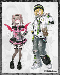  1boy 1girl :d bare_shoulders belt black_bow black_choker black_hat black_shoes black_thighhighs black_undershirt blonde_hair bow braid choker commentary company_name copyright_notice debitto_(makaino_ririmu) demon_girl demon_wings denim detached_sleeves diagonal-striped_clothes diagonal-striped_necktie dress fishnet_thighhighs fishnets full_body fur-trimmed_headwear fur_trim green_eyes green_necktie hair_bow hair_rings hairband hand_in_pocket hand_on_own_hip hat heart heart_choker jeans jewelry lace-trimmed_dress lace-trimmed_hairband lace_trim layered_dress layered_shirt leg_tattoo long_sleeves looking_at_viewer makaino_ririmu medium_hair multicolored_hair multiple_necklaces nail_polish necklace necktie nijisanji o-ring o-ring_thigh_strap off-shoulder_dress off_shoulder official_art open_mouth panj_(tsubaki_panse) pants pink_dress pink_eyes pink_nails pink_streaks platform_shoes pointy_ears print_shirt red_wings ring sample_watermark shirt shoes sleeves_past_wrists smile standing streaked_hair striped_clothes striped_necktie stuffed_animal stuffed_toy tattoo teddy_bear thigh-highs thigh_strap torn_clothes torn_jeans torn_pants torn_shirt uzuki_kou virtual_youtuber watermark white_shirt white_shoes wings zoom_layer 