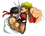  blonde_hair clenched_teeth ken_masters male masamax999 muscle punching ryuu_(street_fighter) shoryuken street_fighter uppercut 