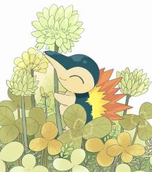  closed_eyes commentary cyndaquil fire green_fur highres no_humans plant pokemon pokemon_(creature) pokemon_focus smile standing untranslatable_commentary waltz_(wal_w_wal) white_background 