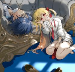  2girls bare_legs barefoot blonde_hair blue_carpet blue_hair bow brown_shoes carpet character_request check_character closed_eyes collared_shirt couch gibberish_commentary grey_skirt hair_bow hair_ornament hair_spread_out highres hiodoshi_ao hololive hololive_dev_is iiilegs jacket loafers long_hair looking_at_another looking_to_the_side lying miniskirt multiple_girls musical_note musical_note_hair_ornament necktie on_back on_floor one_side_up open_clothes open_jacket otonose_kanade parted_lips pink_eyes pleated_skirt red_bow red_necktie red_shoes school_uniform shirt shoes short_hair skirt sleeping slip-on_shoes three-quarter_sleeves undone_necktie unworn_shoes white_jacket white_shirt 