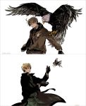  america_(hetalia) axis_powers_hetalia bad_id bird blonde_hair blue_eyes eagle glasses gloves highres multiple_boys robin_(animal) short_hair uniform united_kingdom_(hetalia) yuko_mebouki 