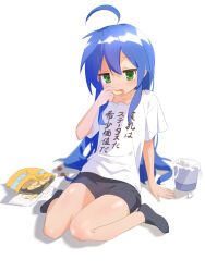  1girl a_flat_chest_is_a_status_symbol ahoge black_shorts black_socks blue_hair chips_(food) collarbone commentary eating english_commentary flat_chest flat_chest_joke food full_body green_eyes gsa082rnw highres huge_ahoge izumi_konata long_hair looking_at_viewer lucky_star mole mole_under_eye potato_chips shirt shorts socks solo thighs trash_can white_background white_shirt 