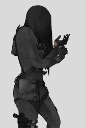 1girl adjusting_clothes adjusting_gloves ammunition_pouch belt_pouch black_gloves bodysuit covering_head cowboy_shot dark-skinned_female dark_skin gloves grey_bodysuit highres holster holstered military original painicing pouch thigh_holster white_background 