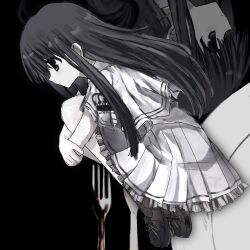  1girl black_background black_outline black_shoes blood_on_fork capelet crown_print floating fork frilled_skirt frills gensyo5gaku gradient_outline grey_eyes grey_hair hair_between_eyes highres hugging_own_legs kita_high_school_uniform_(subarashiki_hibi) long_hair multiple_views necktie outline pale_skin print_capelet print_necktie shirt shoes skirt spot_color subarashiki_hibi takashima_zakuro upside-down white_capelet white_shirt white_skirt 
