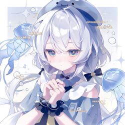  1girl absurdres artist_name beamed_eighth_notes blue_eyes blue_wrist_cuffs blush bow commentary_request commission cyano dated detached_collar eighth_note gradient_eyes hair_bow hat highres jellyfish jellyfish_hair_ornament long_hair looking_at_viewer low_twintails multicolored_eyes musical_note original outside_border own_hands_together solo star_(symbol) star_in_eye symbol_in_eye twintails upper_body white_hair wrist_cuffs 