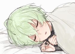  1boy ahoge alyosha_(genshin_impact) bed_sheet black_skirt blanket blush closed_eyes commentary_request genshin_impact green_hair hair_between_eyes highres long_sleeves lying lzp5zjrmdz81822 male_focus missing_headwear on_bed on_side open_mouth shirt short_hair simple_background skirt sleeping solo turtleneck turtleneck_shirt upper_body white_background 