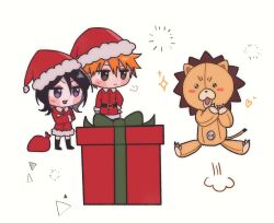  1boy 1girl belt black_belt black_hair bleach blush_stickers box brown_eyes chibi chibi_only christmas closed_mouth commentary_request crossed_arms dress frown fur-trimmed_dress fur-trimmed_headwear fur-trimmed_sleeves fur_trim gift gift_box gwao_(_ul_13) hand_on_own_hip hands_up happy hat heart highres jumping kon_(bleach) korean_commentary kuchiki_rukia kurosaki_ichigo long_sleeves looking_at_another medium_hair open_mouth orange_hair puff_of_air red_dress red_hat sack santa_costume santa_dress santa_hat short_hair smile sparkle spiky_hair standing stuffed_animal stuffed_lion stuffed_toy v-shaped_eyebrows violet_eyes 