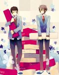  block brown_eyes brown_hair english hagiri jenga koizumi_itsuki kyon male multiple_boys school_uniform suzumiya_haruhi_no_yuuutsu sweater_vest 