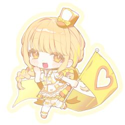  1girl :d ben-day_dots blonde_hair blush bow bow_legwear bowtie braid brooch chibi chibi_only commentary_request dot_nose flag frilled_socks frills fujita_kotone full_body gakuen_idolmaster gem hair_bow hair_intakes hair_ribbon hand_up hat hat_bow highres holding holding_flag idolmaster jewelry kneehighs layered_skirt long_hair looking_at_viewer mini_hat mini_shako_cap multicolored_shirt multicolored_skirt open_mouth orange_eyes orange_hat orange_ribbon orange_shoes orange_skirt raised_eyebrows ribbon ribbon_in_braid screentones shako_cap shirt shoes short_sleeves simple_background skirt smile socks solo standing standing_on_one_leg tilted_headwear twin_braids white_background white_bow white_bowtie white_shirt white_socks yellow_bow yellow_bowtie yellow_gem yellow_ribbon yellow_skirt yuusuke_(yyy_xp) 