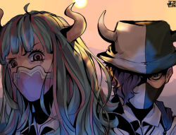  1boy 1girl a_phu blue_hair blunt_bangs brother_and_sister commentary eyelashes hair_over_one_eye hat highres horns long_hair looking_at_viewer mask mouth_mask multicolored_hair one_piece outdoors page_one_(one_piece) pink_hair pink_streaks purple_hair siblings streaked_hair two-tone_hat ulti_(one_piece) 