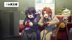 2boys beelzebub_(shuumatsu_no_valkyrie) black_robe brown_hair cane commentary_request controller crack cracked_wall earrings hades_(shuumatsu_no_valkyrie) highres holding holding_controller jewelry male_focus mtkg_05 multiple_boys nikola_tesla_(shuumatsu_no_valkyrie) open_mouth playing_games pointy_ears priest red_eyes robe short_hair shuumatsu_no_valkyrie translation_request 