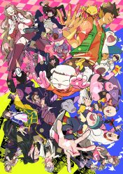  2girls 6+boys abra anpanman atashin'chi black_hair black_kimono black_shoes bleach blue_background bonobono bow braid brock_(pokemon) brown_hair character_request child chinese_clothes closed_mouth code_geass colored_skin commentary_request copyright_request creature crossover curtained_hair dragon_ball dragon_ball_z dress english_commentary facing_viewer fat_buu foreshortening fuji_syusuke gesture_request geto_suguru glasses gloves green_vest grey_hair hair_bow hair_bun hakutaku_(hoozuki_no_reitetsu) hand_up hands_up hat headscarf highres hoozuki_no_reitetsu i-pin ichimaru_gin iyami jacket japanese_clothes jujutsu_kaisen kaonashi katana katekyo_hitman_reborn kekkai_sensen kimono kinnikuman kneehighs koenma konno_mitsune leonardo_watch long_hair love_hina majin_buu meitantei_conan mixed-language_commentary mob_psycho_100 multiple_boys multiple_girls necktie nunnally_vi_britannia ohyou_wake okiya_subaru open_mouth orange_jacket orange_pants orange_shirt osomatsu-san osomatsu_(series) pacifier pants parted_lips patalliro! patalliro_du_malyner_viii pink_background pink_skin purple_hat ramen_tenshi ramenman red_dress red_socks sen_to_chihiro_no_kamikakushi shimacchau_ojisan shimazaki_ryo shirt shoes short_hair single_braid smile snorlax socks sword tachibana_yuzuhiko tennis_no_ouji-sama very_long_hair very_short_hair vest weapon white_hair white_shirt yellow_background yellow_gloves yu_yu_hakusho 