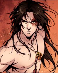  1boy avatar:_the_last_airbender avatar_legends black_hair burn_scar closed_mouth commentary furrowed_brow gold_necklace highres jewelry light_frown long_hair looking_at_viewer male_focus muscular muscular_male necklace parted_bangs revengoi scar scar_across_eye scar_on_face solo topless_male yellow_eyes zuko 