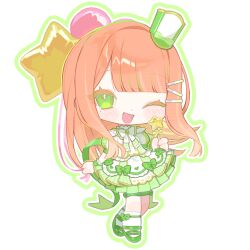  1girl :d ;d balloon ben-day_dots blush bow bow_legwear bowtie brooch chibi chibi_only commentary_request dot_nose full_body gakuen_idolmaster gem green_bow green_bowtie green_eyes green_gem green_hat green_ribbon green_shirt green_shoes green_skirt hair_ornament hairclip hat hat_bow highres holding holding_balloon holding_wand idolmaster jewelry layered_skirt long_hair looking_at_viewer mini_hat mini_shako_cap mole mole_under_eye multicolored_shirt multicolored_skirt one_eye_closed open_mouth orange_hair raised_eyebrow ribbon screentones shako_cap shirt shiun_sumika shoes short_sleeves simple_background skirt skirt_bow smile socks solo standing star_balloon star_wand swept_bangs thigh_bow thigh_strap wand white_background white_bow white_bowtie white_shirt white_skirt white_socks yuusuke_(yyy_xp) 
