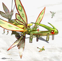 2others absurdres aircraft airship commentary_request dated flygon flying grey_background highres multiple_others no_humans objectification pokemon pokemon_(creature) red_eyes signature sukepmonster wind_chime wings 