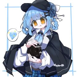  1girl anger_vein artist_name bird_hat_ornament black_bow black_bowtie black_capelet black_hat blue_hair blue_necktie blue_skirt bow bowtie braid braided_hair_rings capelet collared_shirt commentary_request contrast_collar crushing deerstalker furrowed_brow grey_vest hair_bow hair_rings hat hat_bow highres holding holding_rock leptom150 long_sleeves mahou_shoujo_no_majo_saiban necktie plaid_clothes plaid_skirt puffy_sleeves rock shirt short_hair signature simple_background skirt solo spoken_object tachibana_sherry tongue tongue_out translation_request twitter_username upper_body vest white_background white_shirt yellow_eyes 
