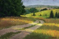  alain_mogena art_study artist_name blue_sky commentary day dirt_road english_commentary faux_traditional_media grass highres hill horns landscape meadow nature no_humans original outdoors painterly realistic road scenery sky tree 
