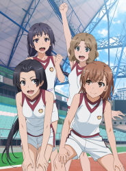  4girls :d anime_coloring arm_up awatsuki_maaya bare_arms bare_shoulders black_eyes black_hair breasts brown_eyes brown_hair closed_mouth collarbone emblem floating_hair flower green_eyes gym_shirt gym_shorts gym_uniform hair_flower hair_ornament hairclip hands_on_own_knees kongou_mitsuko leaning_forward light_blush long_hair looking_at_viewer looking_to_the_side medium_breasts medium_hair misaka_mikoto multiple_girls official_art open_mouth outdoors red_trim school_emblem second-party_source shirt short_shorts shorts sleeveless sleeveless_shirt small_breasts smile sports_festival stadium standing tanaka_yuuichi teeth thigh_gap toaru_kagaku_no_railgun toaru_kagaku_no_railgun_t toaru_majutsu_no_index tokiwadai_school_gym_uniform twintails upper_teeth_only very_long_hair wannai_kinuho white_flower white_shirt white_shorts 