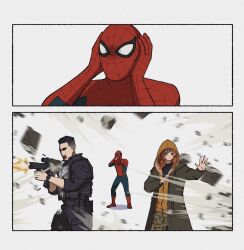  2boys animal_print blue_bodysuit bodysuit commentary gun highres hood jean_grey marvel multicolored_bodysuit multiple_boys powers print_bodysuit red_bodysuit red_hair spider-man spider-man:_brand_new_day spider-man_(original_suit) spider-man_(series) spider_print spider_web_print superhero_costume the_punisher_(character) two-tone_bodysuit untranslatable_commentary weapon yamuoez 