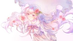  1girl arcaea artist_name bridal_veil commentary_request falling_petals flower highres hikari_(arcaea) hikari_(zero)_(arcaea) holding_floppy_disk long_hair long_sleeves neckerchief petals pink_eyes pink_flower pink_hair pink_rose pleated_skirt red_neckerchief rose sailor_collar school_uniform serafuku shirt signature skirt solo twitter_username upper_body veil white_sailor_collar white_serafuku white_shirt white_skirt white_veil yuchi0730 