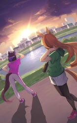 2girls animal_ears black_leggings bottle brown_hair building clouds commentary daweykun english_commentary floating_hair from_behind grass green_hoodie hair_ribbon hairband hand_on_own_hip highres holding holding_bottle hood hood_down hoodie horse_ears horse_girl horse_tail lake leaning_forward leggings leggings_under_shorts long_hair looking_afar multiple_girls pants pink_shirt pink_shoes purple_ribbon ribbon shading_eyes shadow shirt shoes short_hair short_sleeves shorts silence_suzuka_(umamusume) simple_bird sky special_week_(umamusume) sportswear standing sun sunset t-shirt tail town track_pants umamusume walking white_hairband white_pants white_shorts 