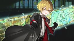 1boy alfnfmd belt black_belt black_coat black_gloves blonde_hair blush book coat collared_shirt commentary_request flustered gloves id_card korean_commentary lcb_uniform_(project_moon) limbus_company long_sleeves looking_at_viewer mahou_shoujo_no_majo_saiban male_focus necktie open_book parody peanut_mouth pointing pointing_at_viewer project_moon red_necktie shirt short_hair sinclair_(project_moon) solo stained_glass white_shirt yellow_eyes 