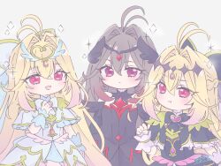  1girl antenna_hair bare_shoulders black_bow black_capelet black_dress blonde_hair blush bow brooch capelet closed_mouth commentary_request cure_arcana cure_arcana_shadow diamond_hairband dress eclipse_shadow elbow_gloves frilled_capelet frilled_cuffs frills gloves gradient_hair grey_hair hair_intakes headgear heart heart_brooch highres hiu_doll_k3s holding jewelry long_hair magical_girl meitantei_precure! moria_luluka multicolored_hair multiple_forms open_mouth precure puffy_dress purple_veil purple_wrist_cuffs red_eyes smile upper_body veil very_long_hair violet_eyes white_capelet white_dress winged_heart wrist_cuffs 