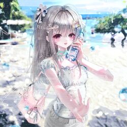  1girl absurdres bag bag_charm beach blurry blurry_background blush bottle bow character_request charm_(object) choker commission copyright_request cowboy_shot day green_ribbon grey_hair grey_skirt hair_bow hair_intakes hair_ornament hairclip hand_up highres long_hair looking_at_viewer mihuashi_commission object_to_cheek open_mouth outdoors outstretched_arm parallel_hairclips pink_bag pink_eyes polka_dot polka_dot_shirt ribbon ribbon_choker sand shirt short_sleeves shoulder_bag skirt smile solo standing too_many_watermarks w water_bottle water_drop watermark white_shirt xiao_sui_tingyu 