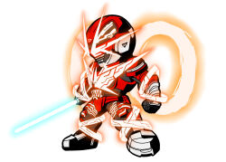  1boy armor armored_bodysuit black_bodysuit blue_lightsaber bodysuit character_mask chibi chou_uchuu_keiji_gavan_infinity combat_helmet commentary_request energy_blade energy_sword full_armor gavan_infinity gavan_infinity_r.e.d. glowing glowing_eyes helmet highres holding holding_beam_saber holding_sword holding_weapon lightsaber mask masudamu1 multicolored_armor multicolored_bodysuit red_armor red_bodysuit red_eyes red_helmet science_fiction silver_armor sword tokusatsu two-tone_armor weapon 