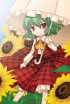  1girl aoilio ascot chibi flower green_hair kazami_yuuka parasol plaid plaid_skirt plaid_vest red_eyes short_hair skirt skirt_set smile solo sunflower touhou umbrella 